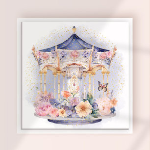 Floral Blue Carousel Watercolor Poster