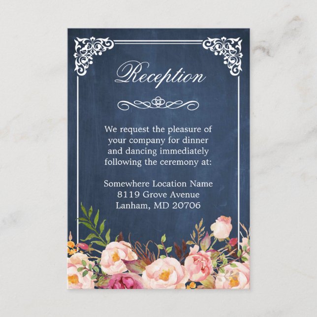 Floral Blue Chalkboard Accommodation Reception Enclosure Card (Front)