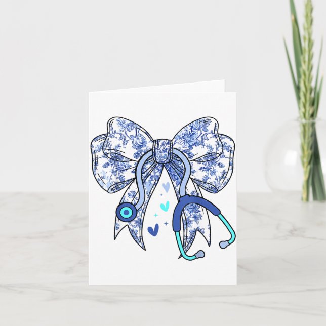 Floral Blue Coquette Bow Nurse Stethoscope Medical Card (Front)