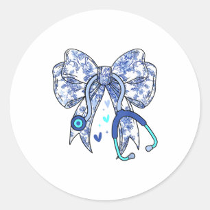 Floral Blue Coquette Bow Nurse Stethoscope Medical Classic Round Sticker