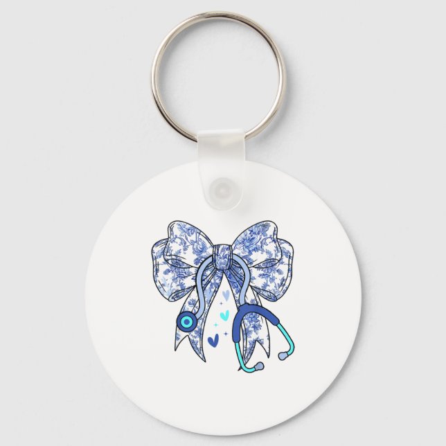 Floral Blue Coquette Bow Nurse Stethoscope Medical Key Ring (Front)
