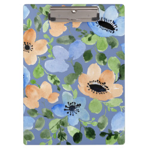 Floral Blue, Coral, Green Pretty Watercolor Clipboard