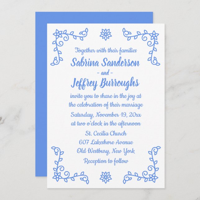 Floral Blue Cornflower Flowers Laurel Leaf Wedding Invitation (Front/Back)
