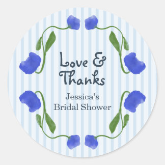 Floral Blue Cute Love and Thanks Bridal Shower Classic Round Sticker