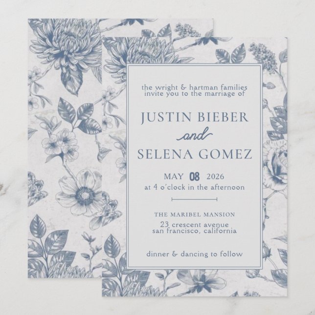 Floral Blue Elegant Wedding Invitation (Front/Back)