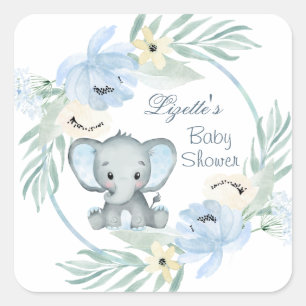 Floral blue Elephant Baby Shower Square Sticker