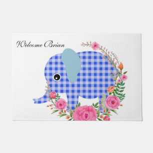 Floral Blue Elephant  Door Mat