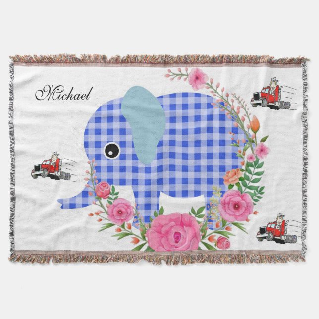 Floral Blue Elephant Throw Blanket (Front)