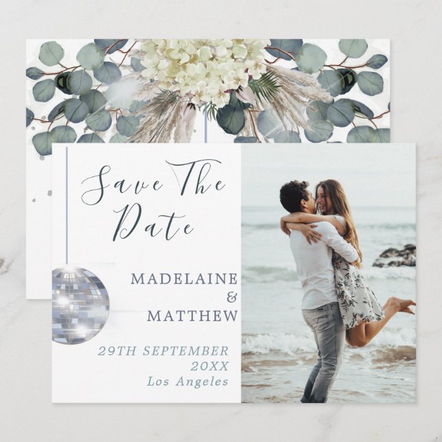 Floral Blue Eucalyptus  Disco Elegant Wedding Save The Date (Front/Back)