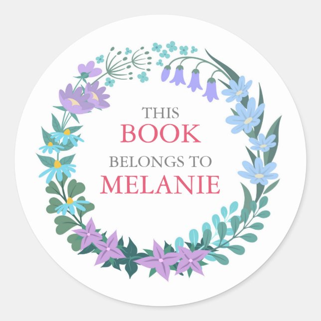 Floral Blue Flower Wreath Bookplate Sticker (Front)