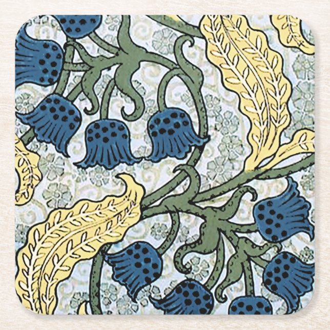Floral Blue Flowers Lily Valley Repeating Square Paper Coaster (Front)