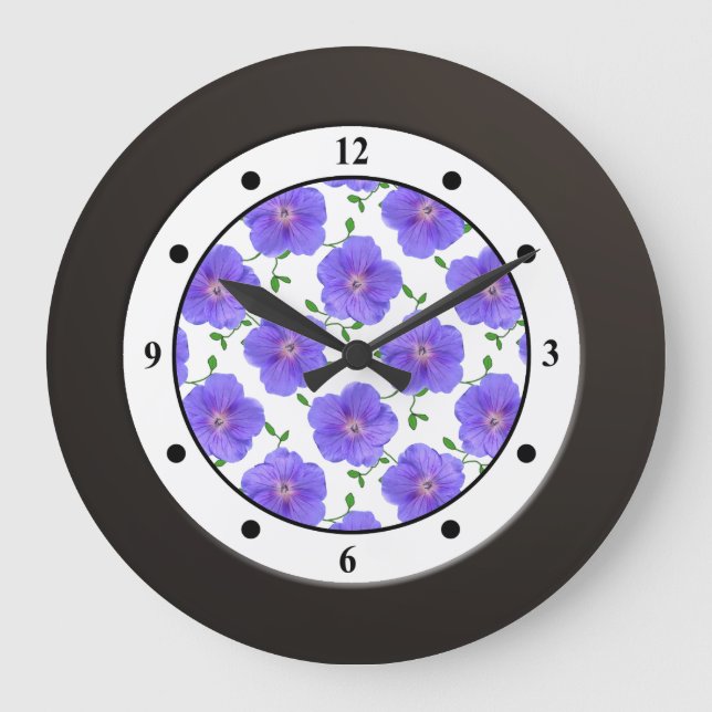 Floral Blue Garden Flower Modern Digits Large Clock (Front)