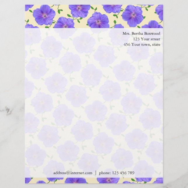 Floral Blue Garden Flowers Photo Custom Address Letterhead (Front)
