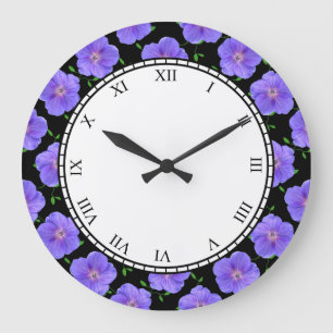 Floral Blue Garden Flowers Roman Digits Large Clock