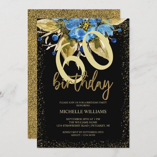 Floral Blue Glitter Gold Calligraphy Birthday Invitation (Front/Back)