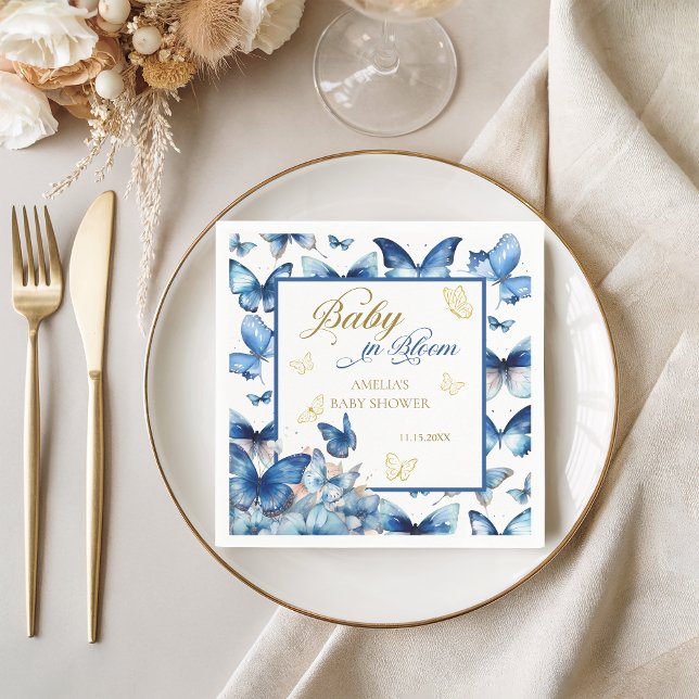 Floral Blue Gold Butterfly Baby in Bloom Shower Napkin (Creator Uploaded)