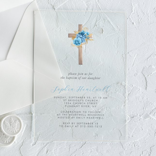 Floral Blue Gold Cross Baptism Acrylic Invitations (Creator Uploaded)