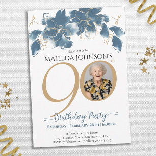 Floral Blue Gold Custom Photo 90th Birthday  Invitation