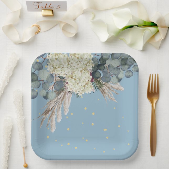 Floral Blue Gold Elegant Birthday Paper Plate (Wedding)