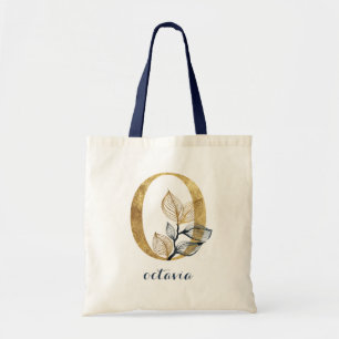 Floral Blue Gold Leaf Plant Monogram Letter "O" Tote Bag