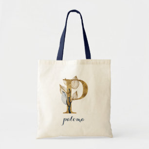 Floral Blue Gold Leaf Plant Monogram Letter "P" Tote Bag