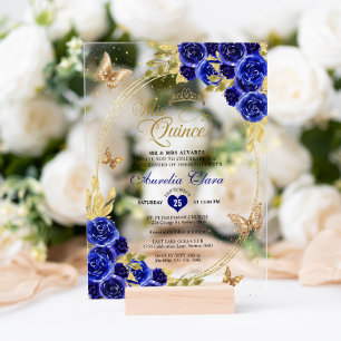 Floral Blue Gold Tiara Butterfly Mis Quinceañera Acrylic Invitations
