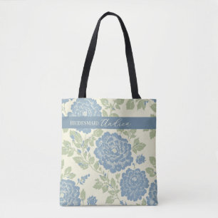 Floral Blue Green Block print w Blue Stripe Tote Bag