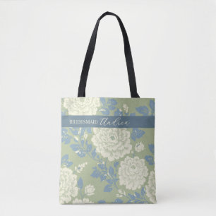 Floral Blue Green Block print w Blue Stripe Tote Bag
