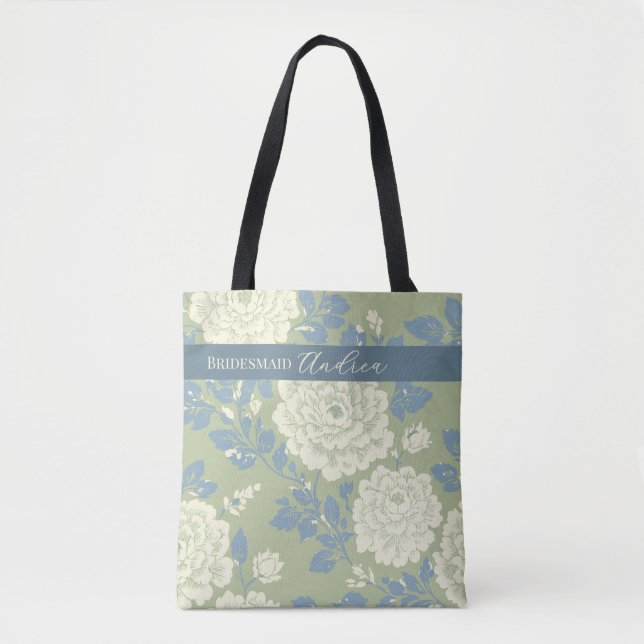 Floral Blue Green Block print w Blue Stripe  Tote Bag (Front)