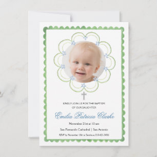 Floral Blue Green Cross Simple Baptism Invitation