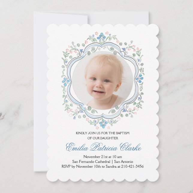 Floral Blue Green Pink Simple Baptism Invitation (Front)