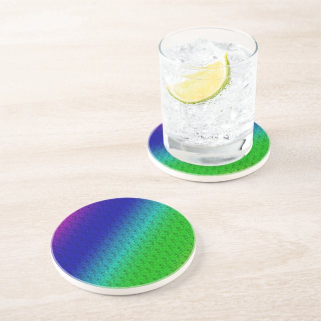 Floral Blue Green Rainbow Gradient Diagonal Blend Coaster (Side)
