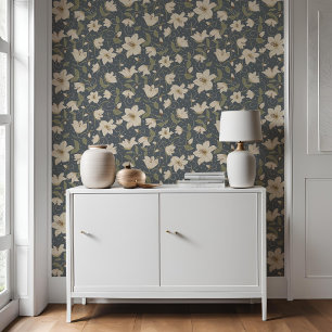 Floral Blue Grey Beige Lily Botanical Pattern Wallpaper