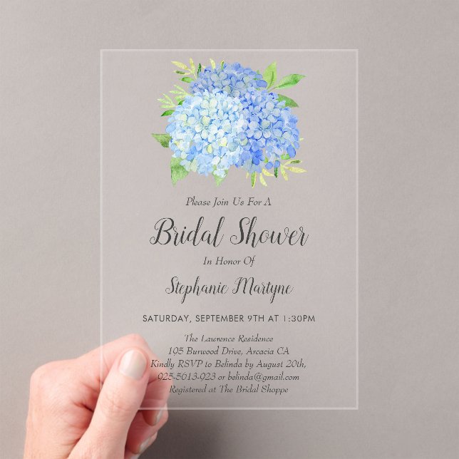 Floral Blue Hydrangea Bouquet Bridal Shower Acrylic Invitations (Insitu (Handheld))