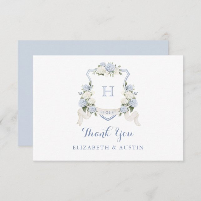 Floral Blue Hydrangea Crest Wedding Monogram Thank You Card (Front/Back)