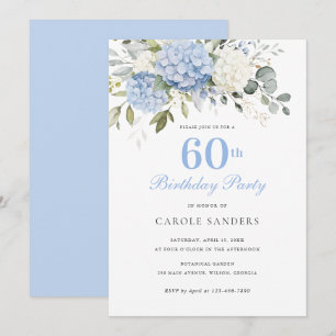 Floral Blue Hydrangea Greenery 60th Birthday Party Invitation