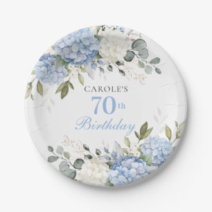 Floral Blue Hydrangea Greenery 70th Birthday Party Paper Plate