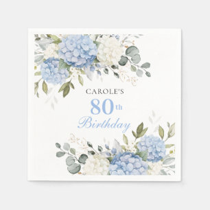Floral Blue Hydrangea Greenery 80th Birthday Party Napkin