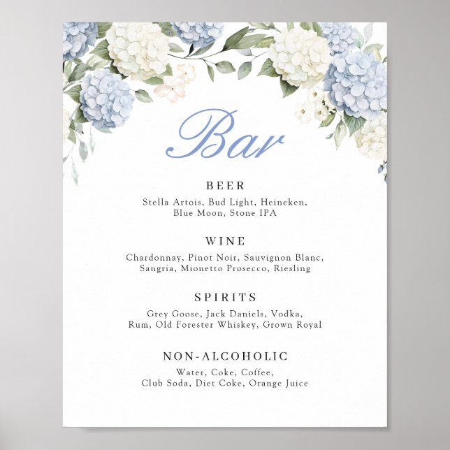 Floral Blue Hydrangea Greenery Wedding Bar Sign (Front)
