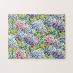 Floral Blue Hydrangea Pattern Jigsaw Puzzle