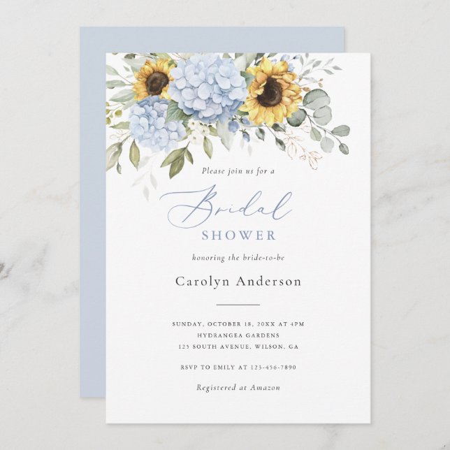 Floral Blue Hydrangea Sunflowers Bridal Shower Invitation (Front/Back)