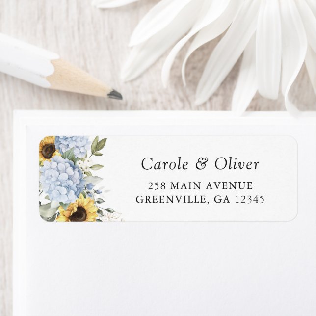Floral Blue Hydrangea Sunflowers Return Address Label (Insitu)