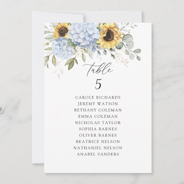 Floral Blue Hydrangea Sunflowers Seating Chart Invitation (Front)