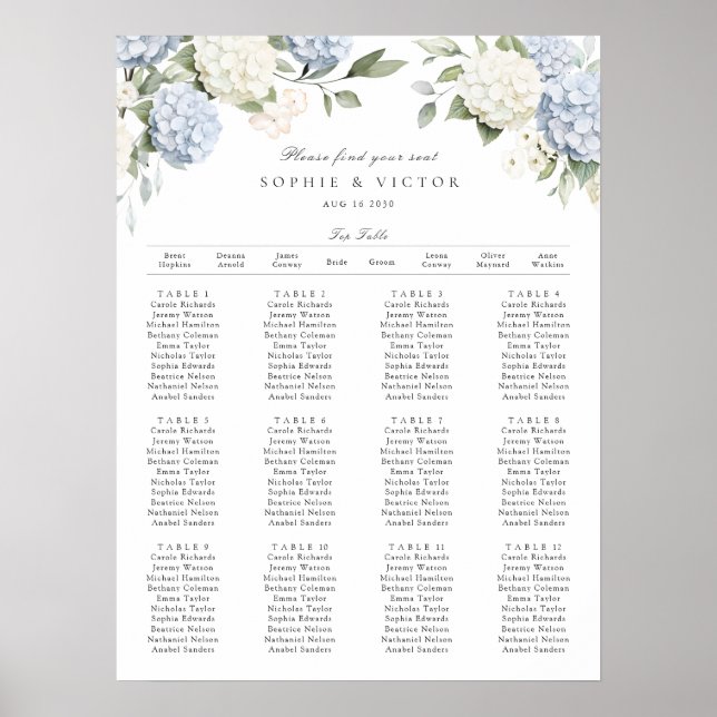 Floral Blue Hydrangea Table Wedding Seating Chart (Front)
