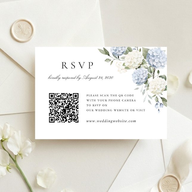 Floral Blue Hydrangea Wedding QR Code RSVP Card (Creator Uploaded)