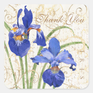 Floral Blue Iris Gold Damask Thank You Square Sticker