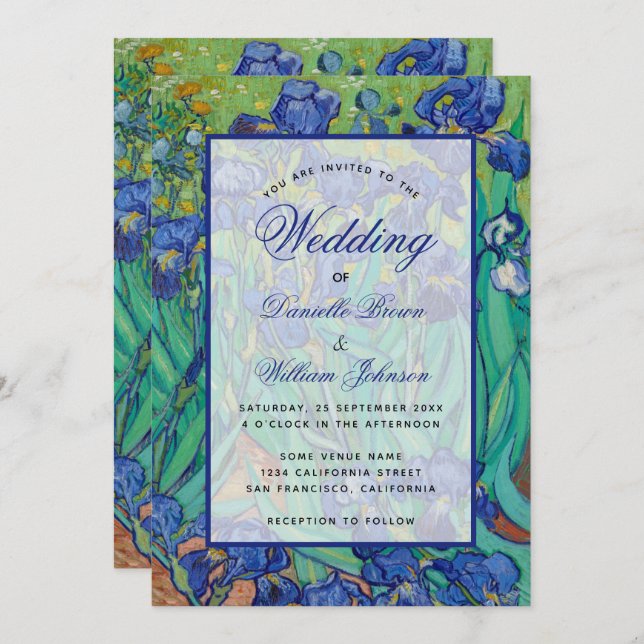 Floral Blue Irises Van Gogh Wedding Calligraphy Invitation (Front/Back)