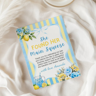 Floral Blue Lemon Main Squeeze Bridal Shower Thank You Card