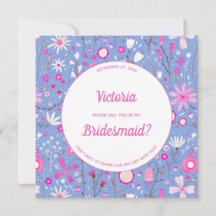 Floral Blue Modern Be My Bridesmaid Invitation