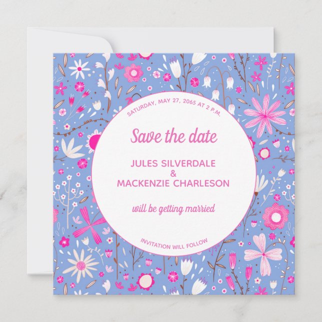 Floral Blue Modern Wedding Save The Date (Front)